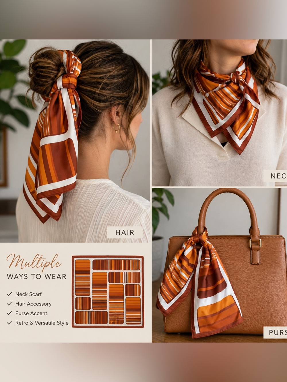 Vintage 100% Acetate Geometric Scarf – Made in Japan – Orange & Brown